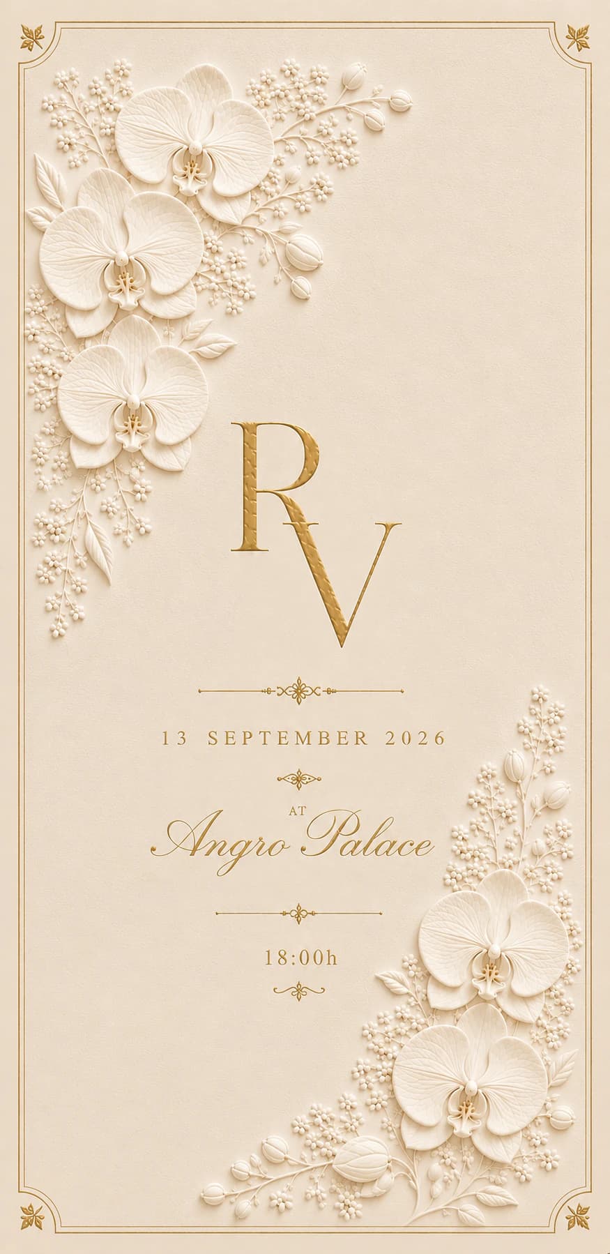 Wedding invitation for R and V on 13 September 2026 at Angro Palace, decorated with white orchids and gold details.